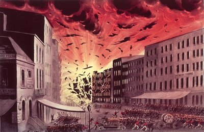 Uitzicht op de geweldige explosie bij de grote brand in New York, 19 juli 1845 (prent) door N. and Ives, J.M. Currier